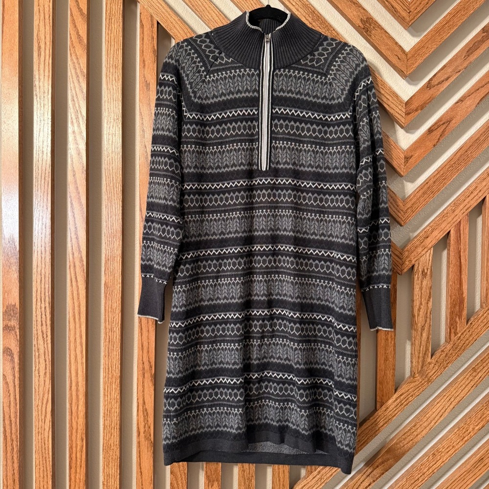 Nordic Cozy Eddie Bauer Fair Isle Quarter Zip Sweater Dress Gray Women's L
